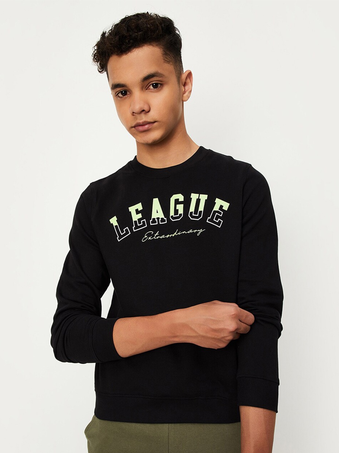 

max Boys Typography Printed Pure Cotton Pullover Sweatshirt, Black