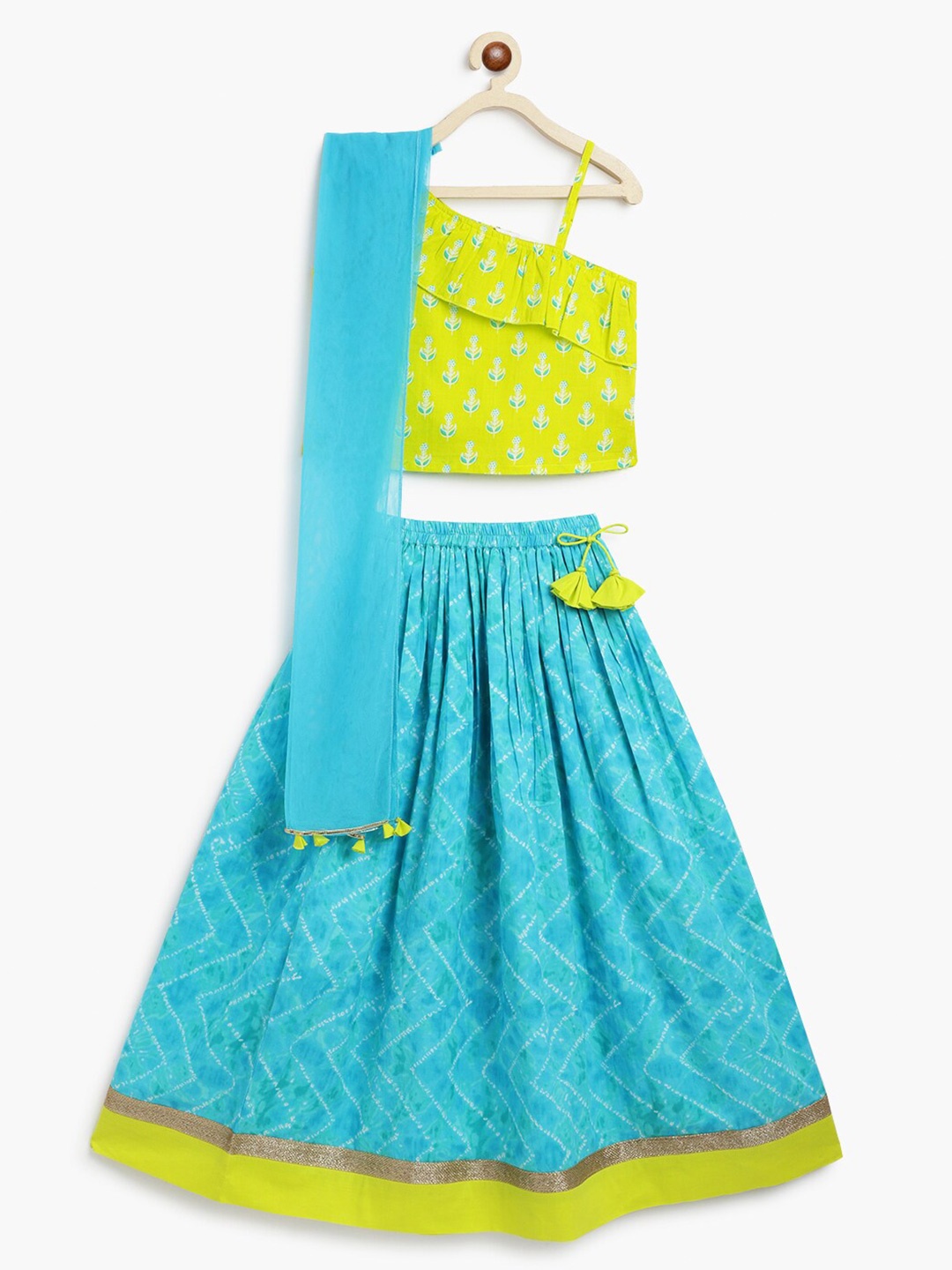 

Campana Girls Ethnic Motif Printed Ready To Wear Lehenga & Blouse With Dupatta, Lime green