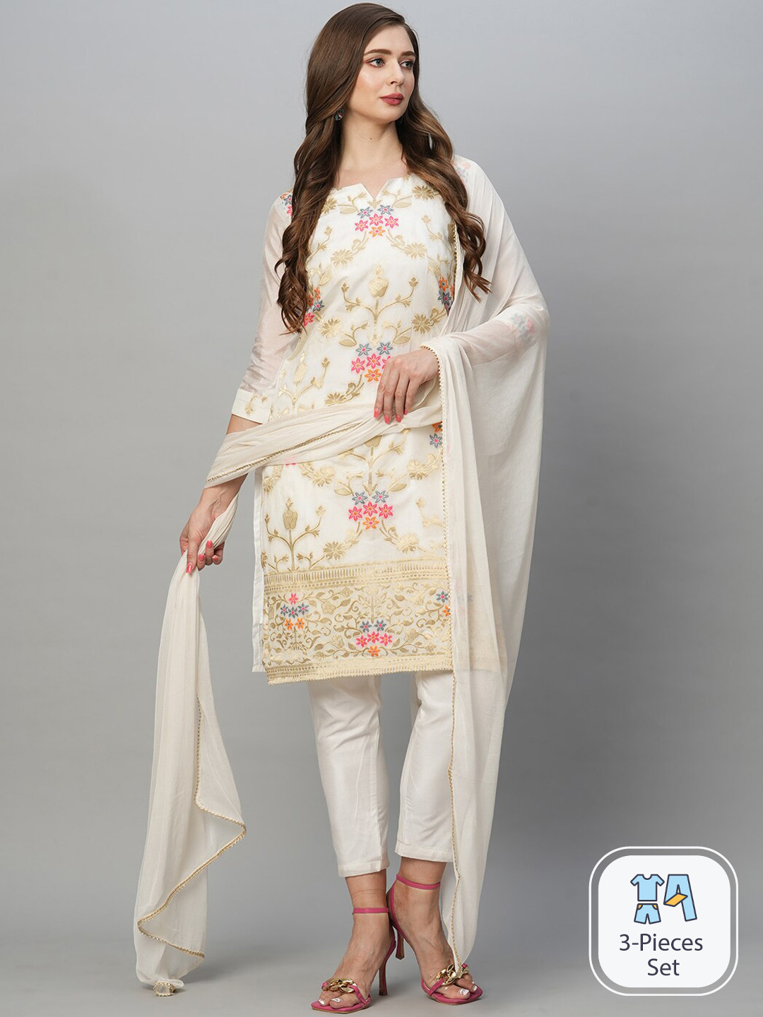 

KALINI Floral Woven Design Regular Zari Kurta With Trousers & Dupatta, White