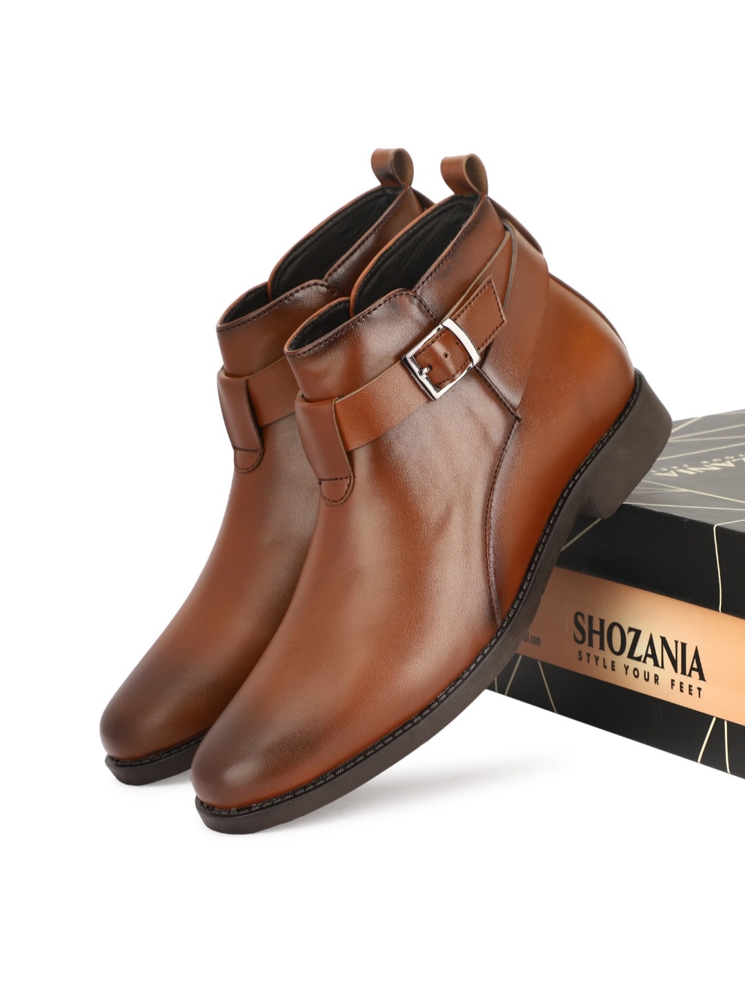 

SHOZANIA Men Mid Top Leather Chelsea Boots With Buckle Detail, Tan