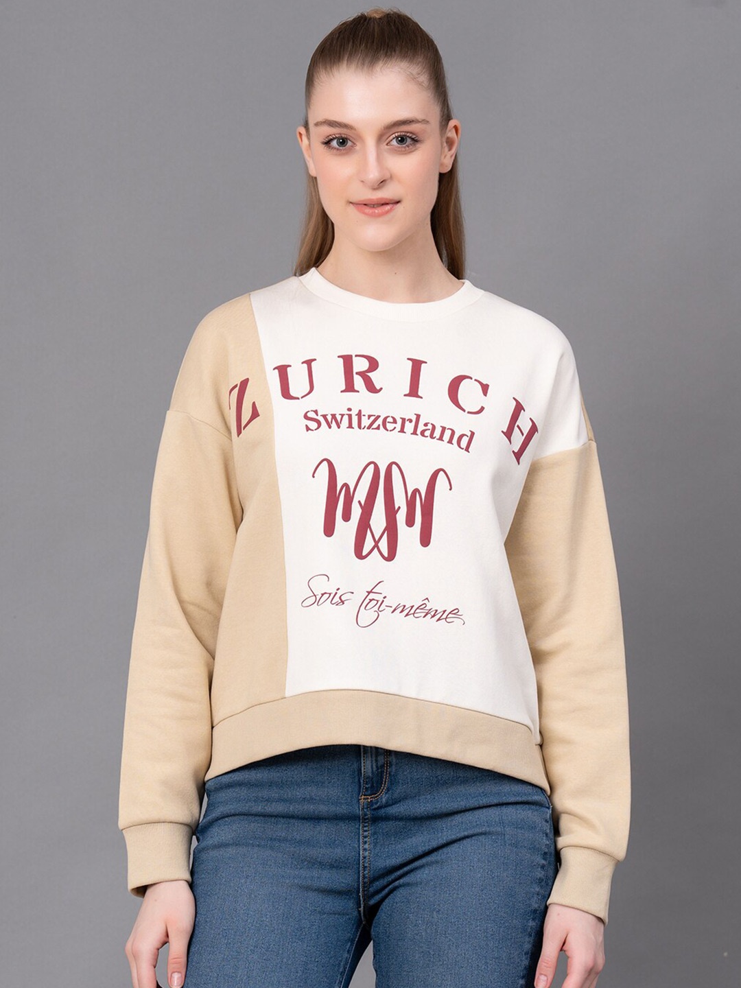 

Red Tape Typography Printed Round Neck Pullover, Beige