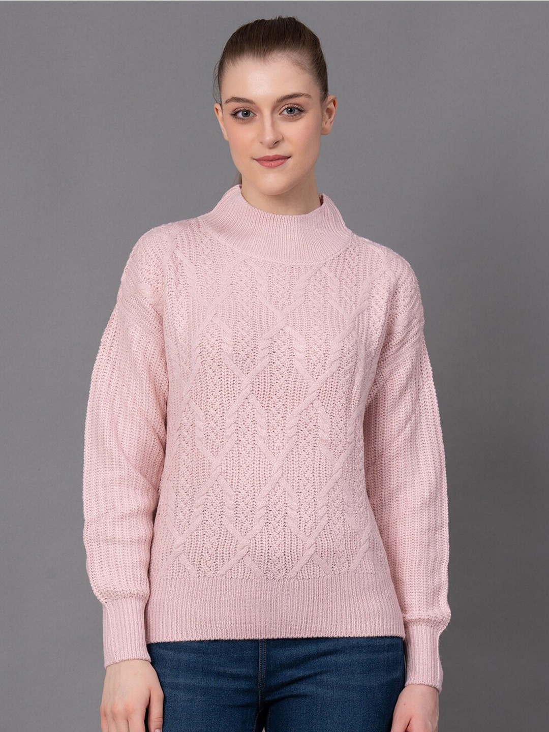 

Red Tape Self Design Cable Knit Mock Collar Pullover Sweaters, Pink