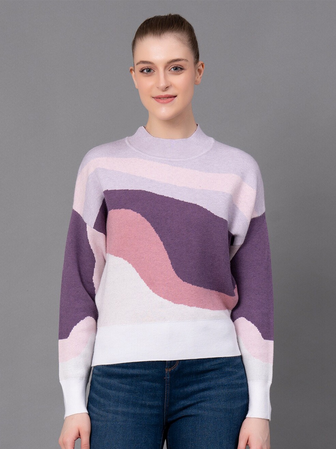 

Red Tape Colourblocked Turtle Neck Ribbed Pullover Sweater, Lavender