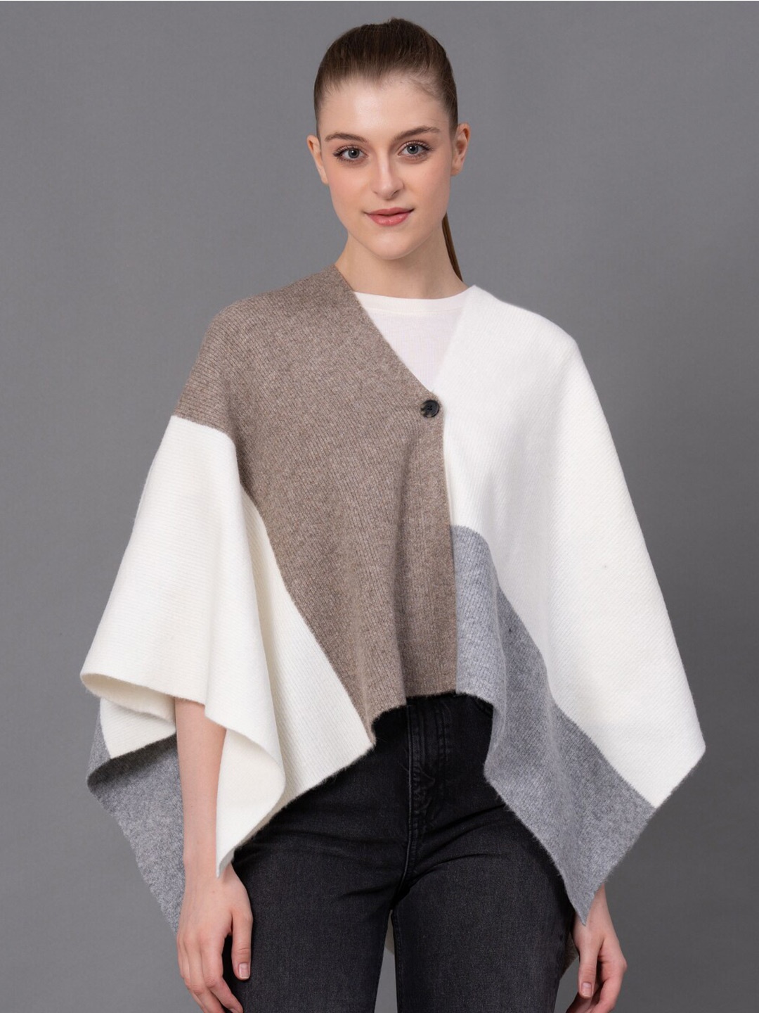 

Red Tape Colourblocked V-Neck Poncho, Beige