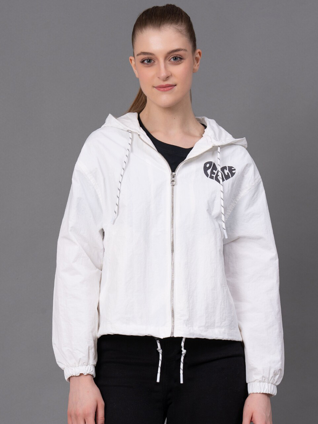

Red Tape Typography Printed Windcheater Bomber Jacket, White