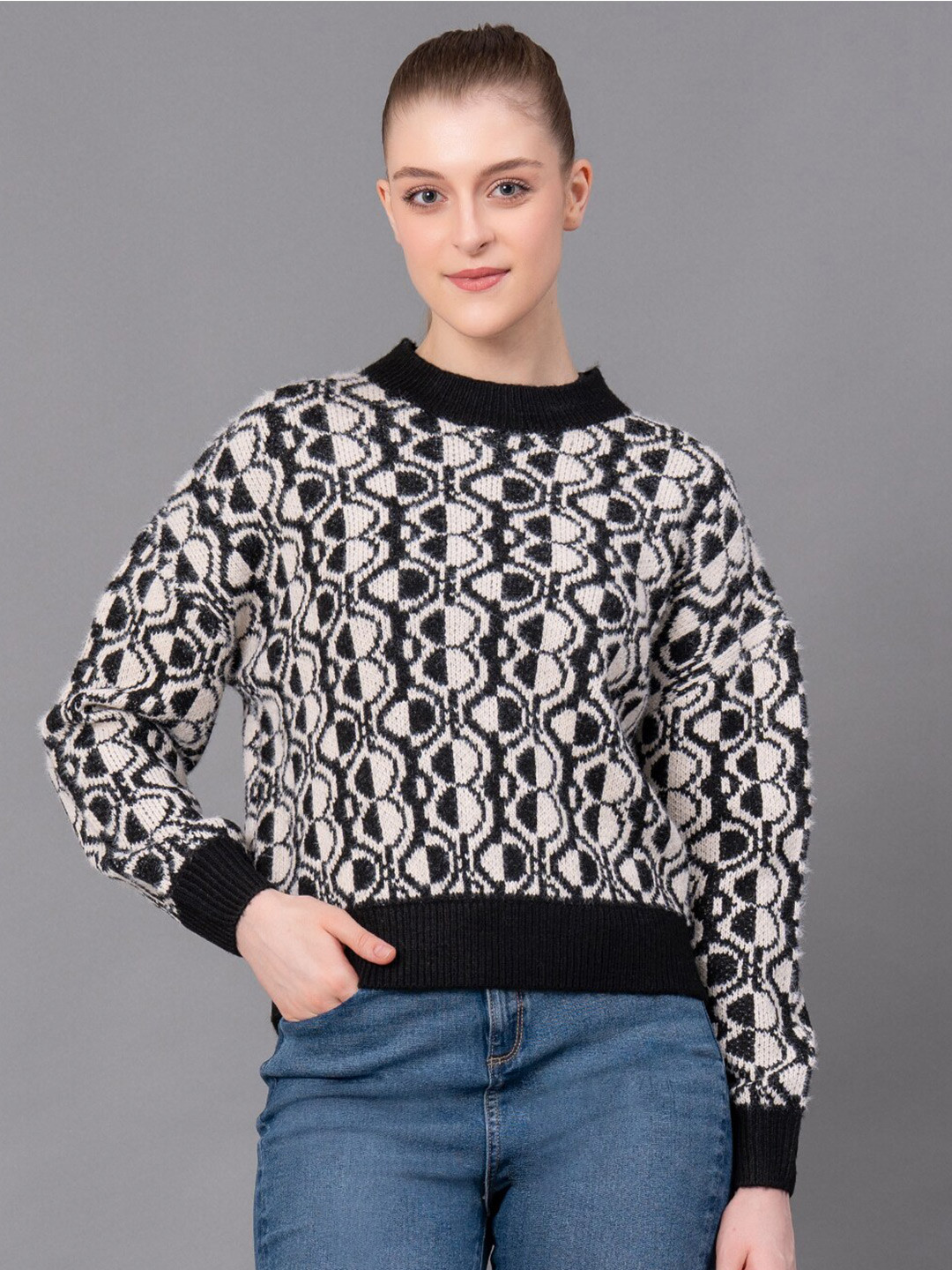 

Red Tape Geometric Self Design Pullover, Black