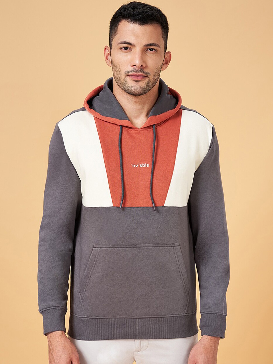 

BYFORD by Pantaloons Colourblocked Cotton Hooded Sweatshirt, Rust