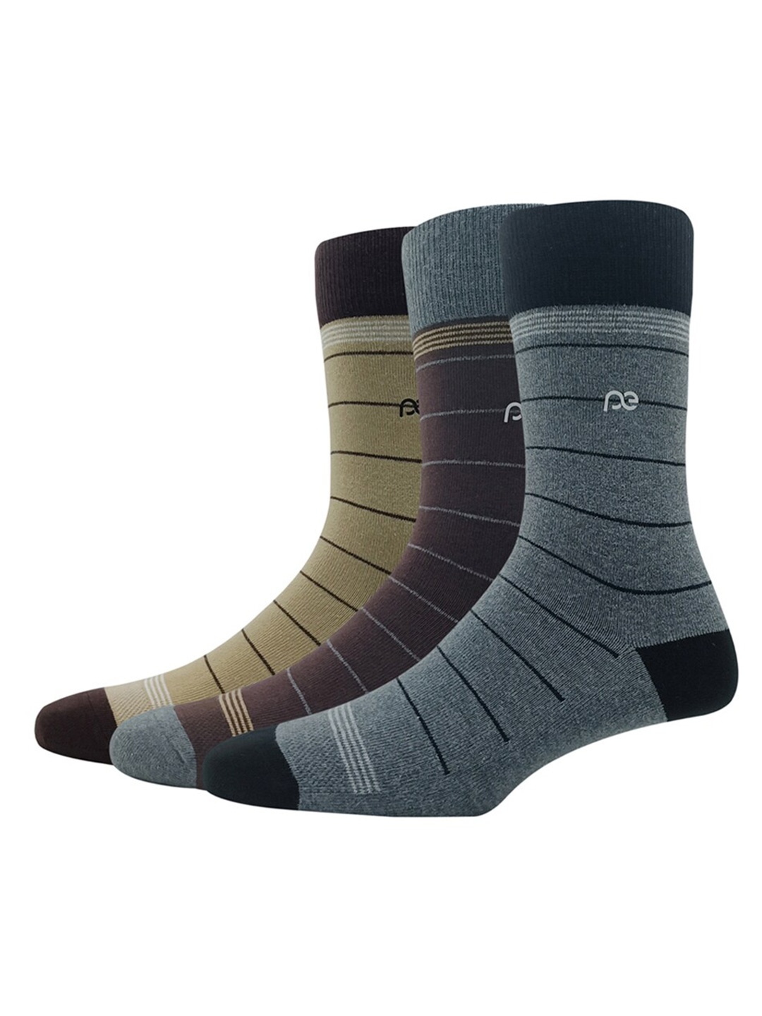 

Peter England Men Pack Of 3 Striped Calf-Length Socks, Beige