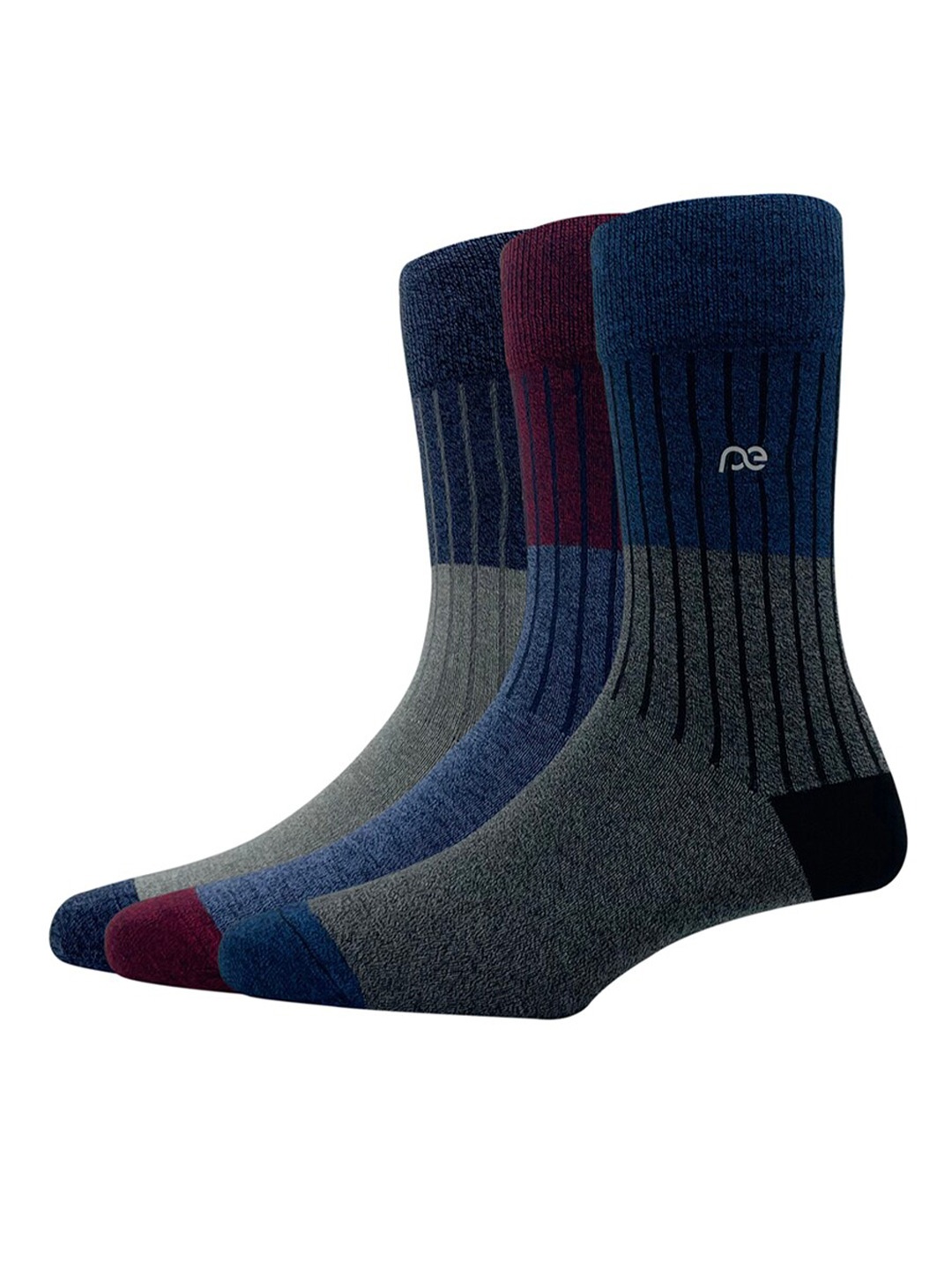 

Peter England Men Pack Of 3 Striped Calf-Length Socks, Grey