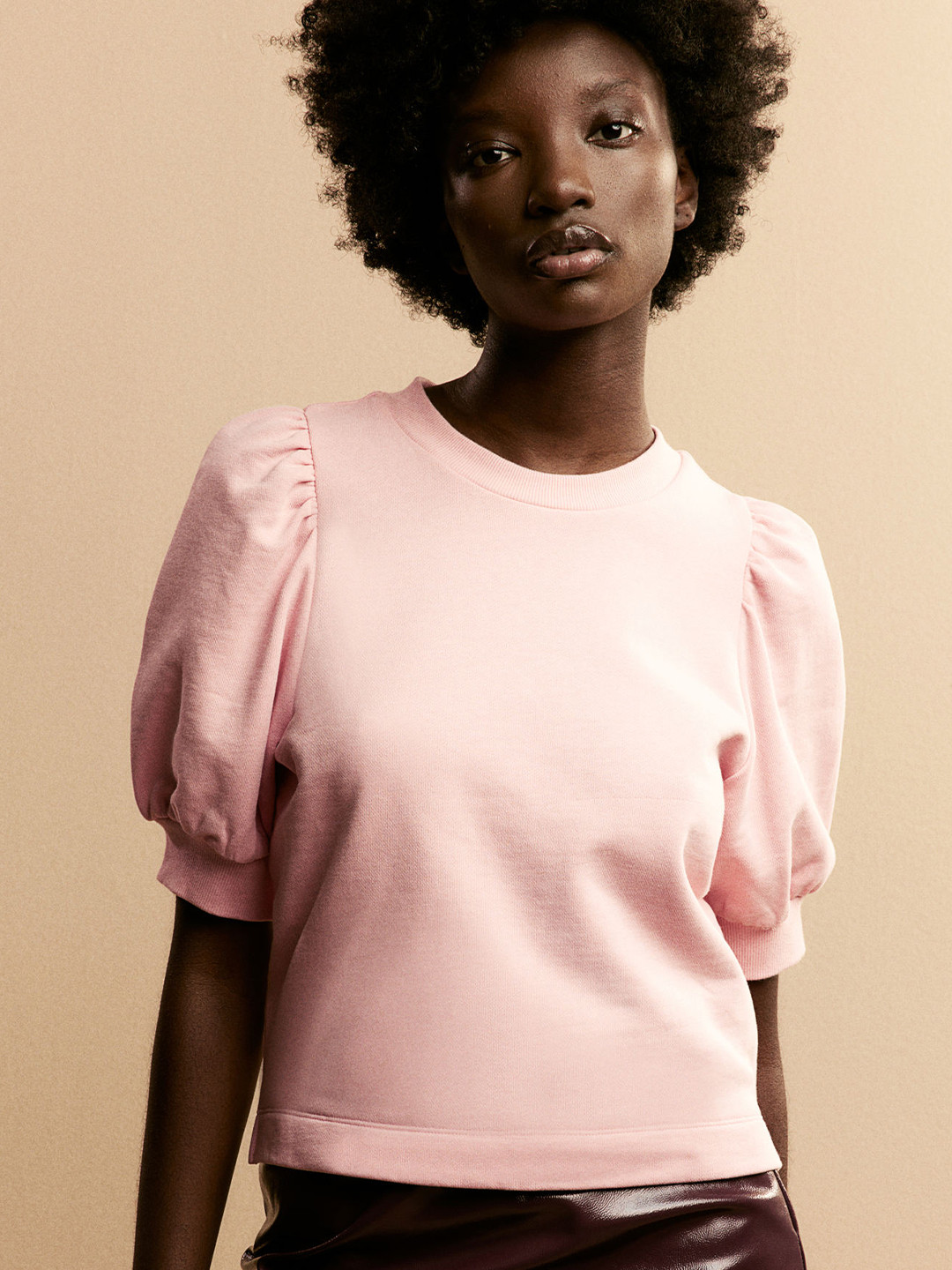 

H&M Pure Cotton Puff-Sleeved Top, Pink