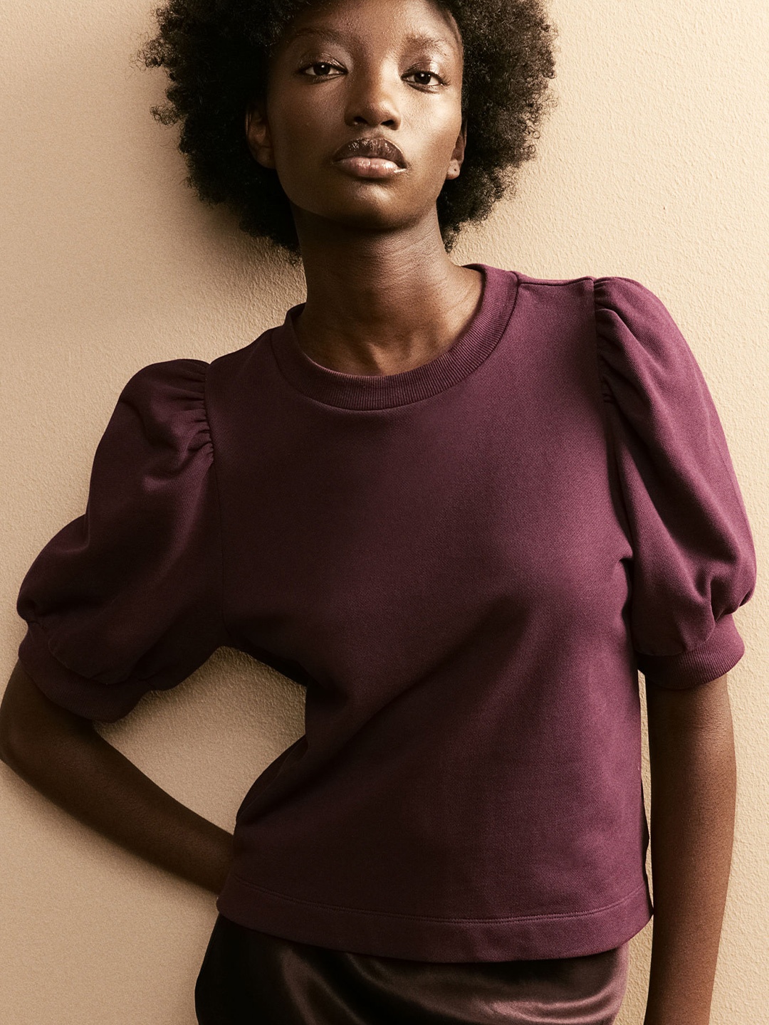 

H&M Pure Cotton Puff-Sleeved Top, Burgundy