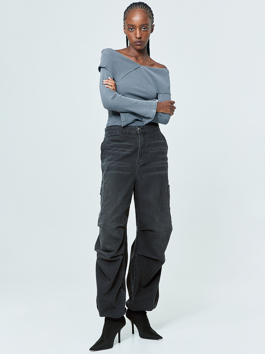 

H&M Women Denim Parachute Trousers, Grey