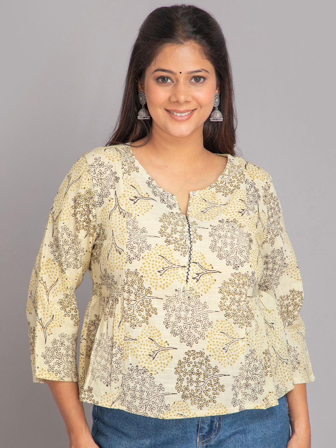 

SUTI Floral Printed Cotton A-Line Top, Beige