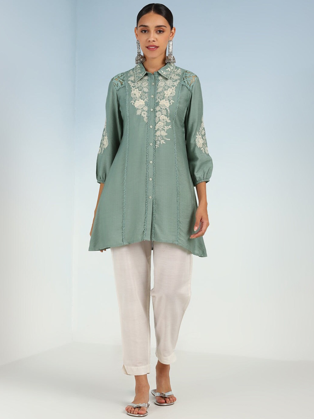 

Lakshita Embroidered Shirt Collar Puffed Sleeves Tunic, Green