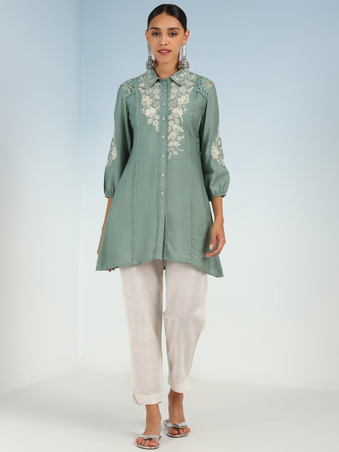 

Lakshita Floral Embroidered Shirt Collar Puff Sleeves Tunic, Green