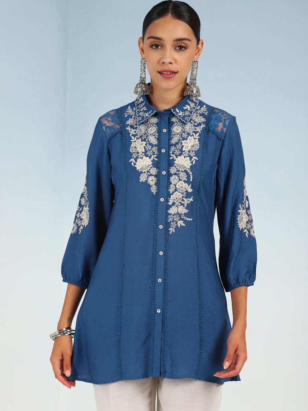 

Lakshita Shirt Collar Embroidered Tunic, Blue