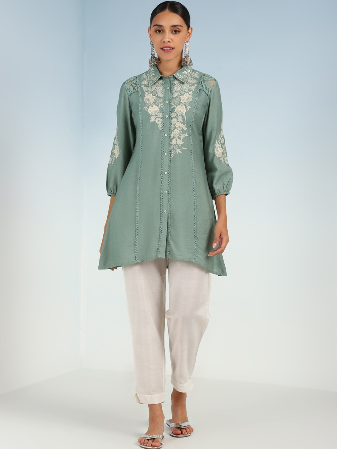 

Lakshita Embroidered Shirt Collar Puffed Sleeves Tunic, Beige