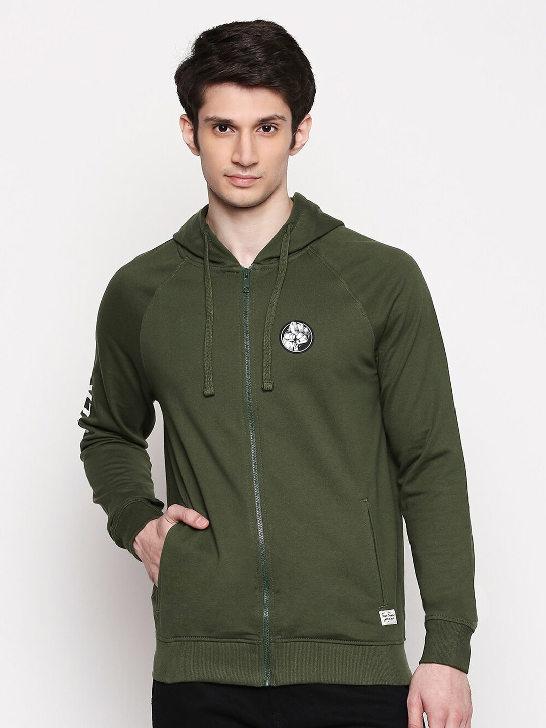 

SF JEANS by Pantaloons Printed Hooded Cotton Sweatshirt, Olive