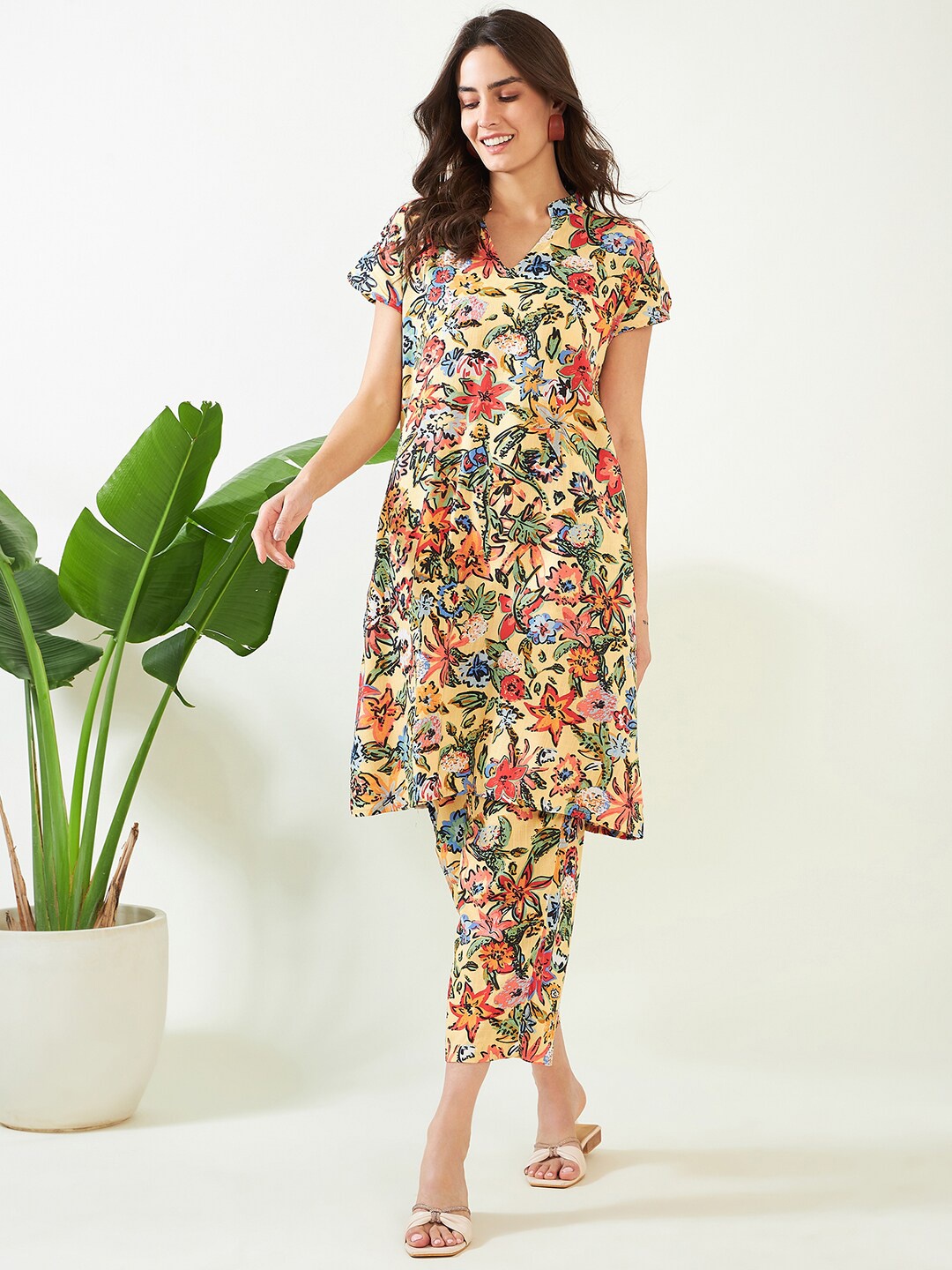 

The Kaftan Company Pure Cotton Printed Tunic With Trousers, Yellow