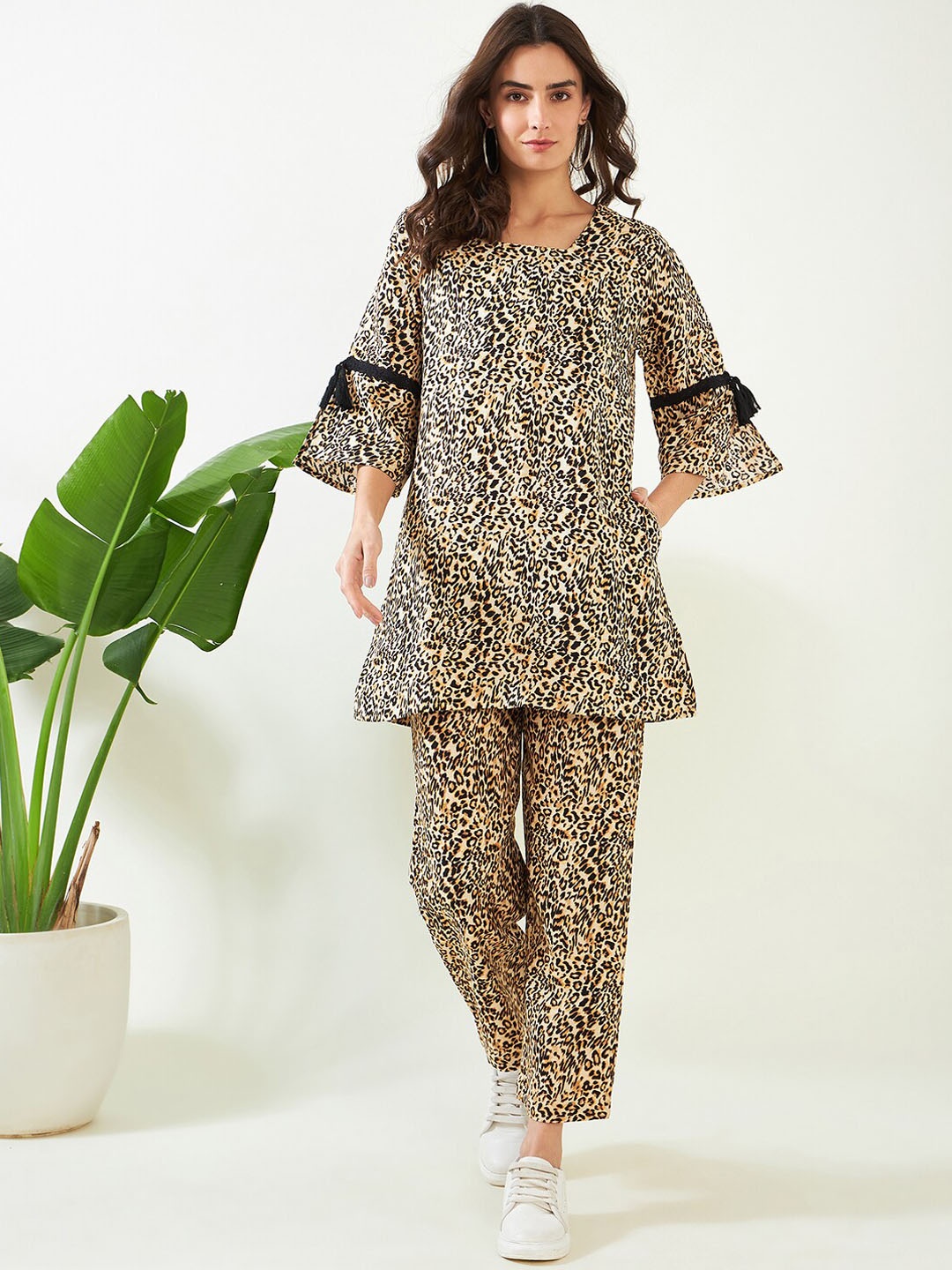 

The Kaftan Company Printed Top With Straight Trousers, Beige