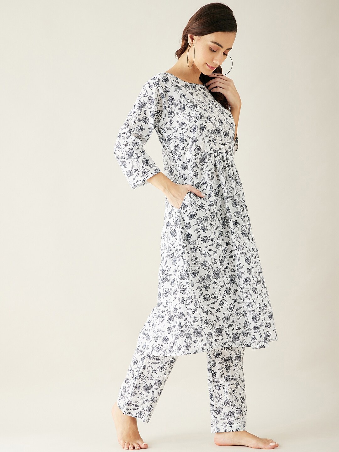 

The Kaftan Company Printed Pure Cotton Longline Kurti With Pyjamas, White