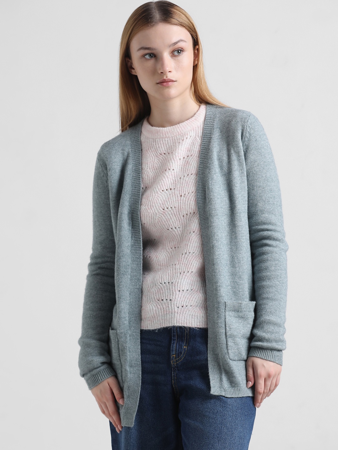 

ONLY Ribbed Longline Front Open Sweater, Grey