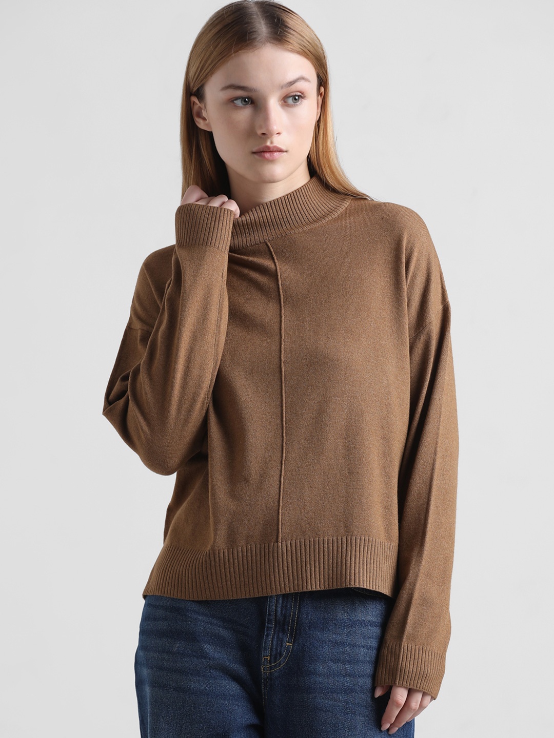 ONLY Mock Collar Drop Shoulder Sleeves Pullover, Brown