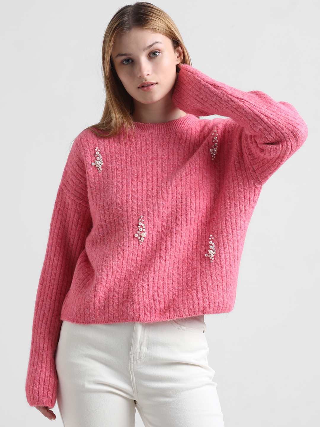

ONLY Cable Knit Acrylic Pullover, Pink