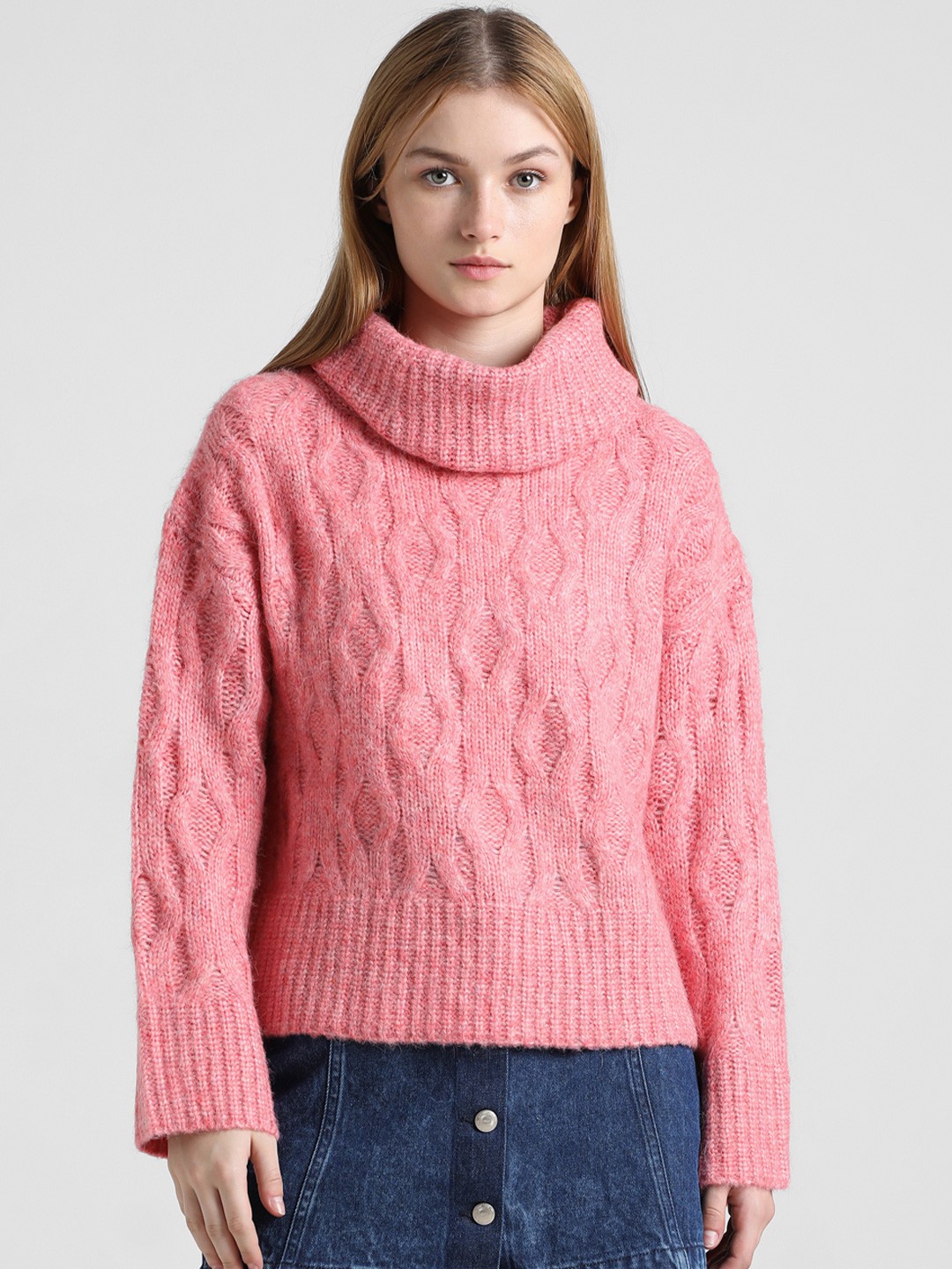 

ONLY Self Design Cable Knit Turtle Neck Pullover Sweaters, Pink