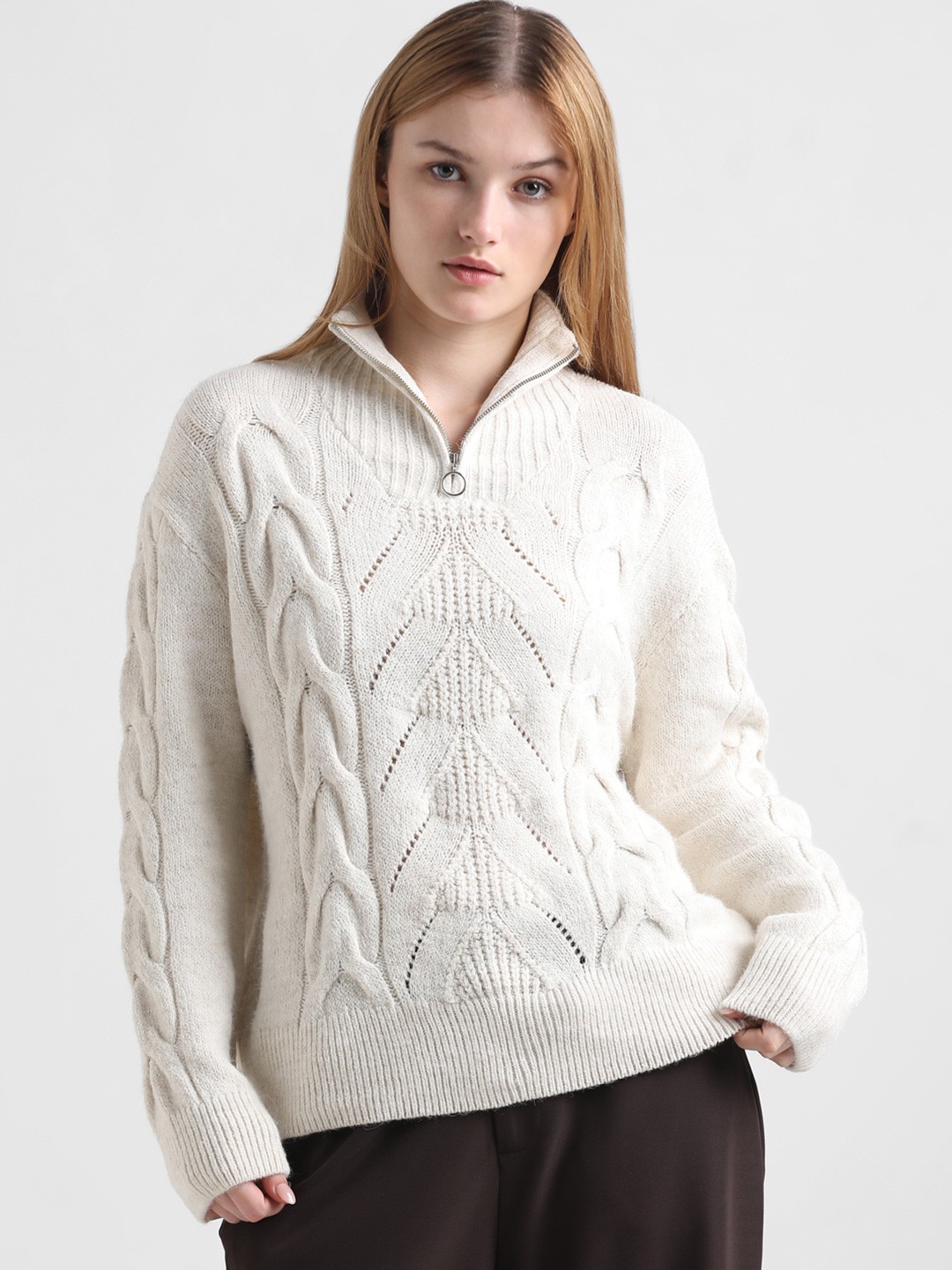 

ONLY Turtle Neck Cable Knit Pullover with Zip Detail Detail, Cream