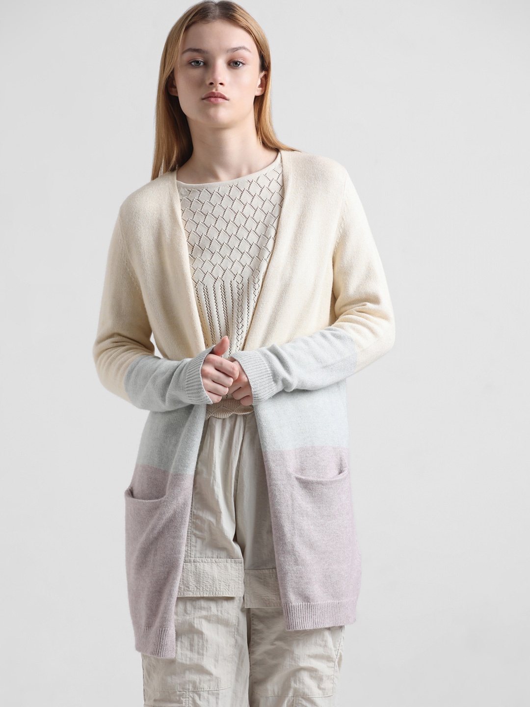 ONLY Colourblocked Front-Open Sweater, Cream