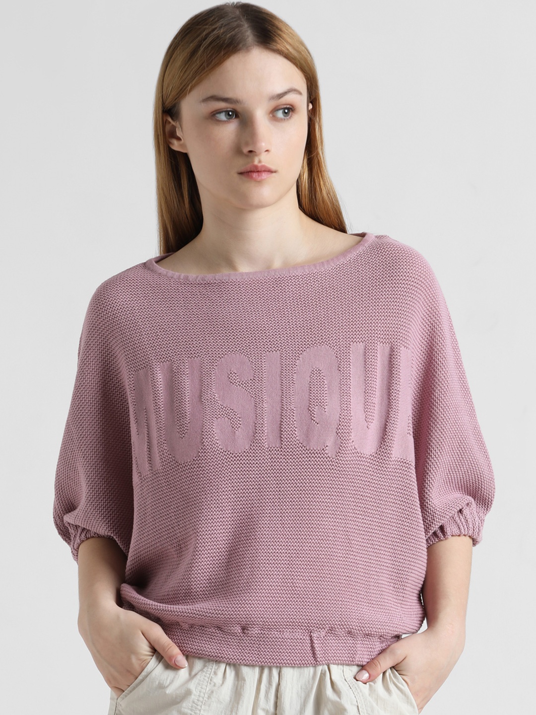 

ONLY Pure Cotton Typography Printed Oversized Pullover Sweatshirt, Peach
