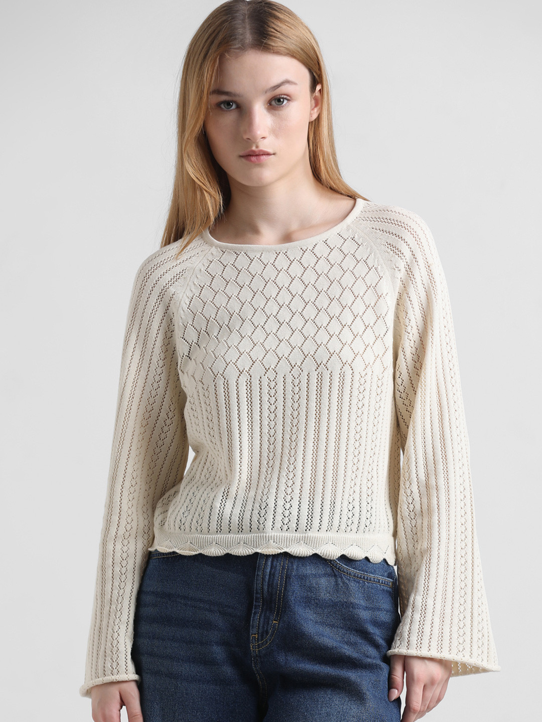 

ONLY Self Design Cotton Open Knit Pullover, Beige