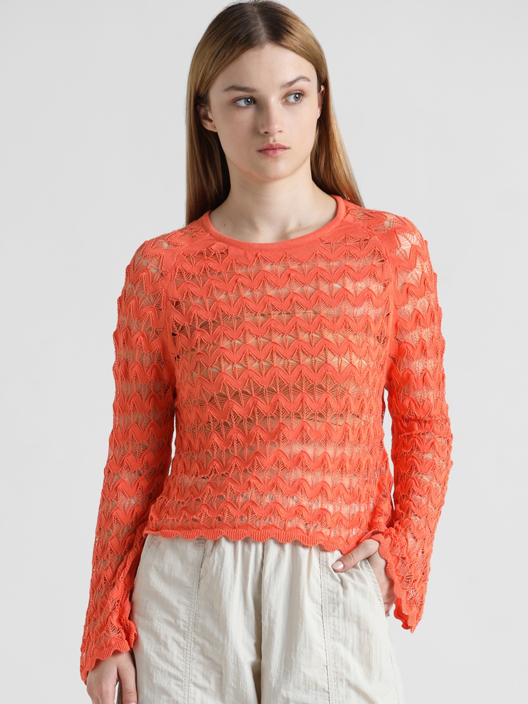 

ONLY Self Design Bell Sleeves Cotton Top, Orange