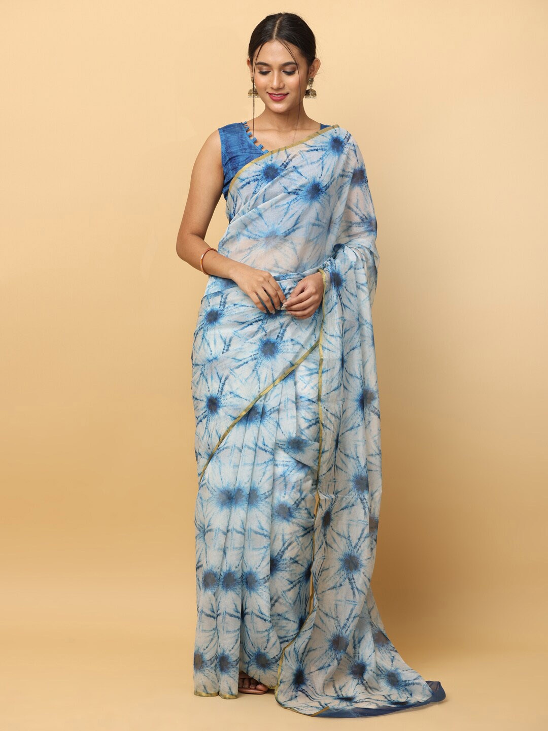 

VASTRANAND Tie and Dye Zari Printed Chanderi Saree, Blue