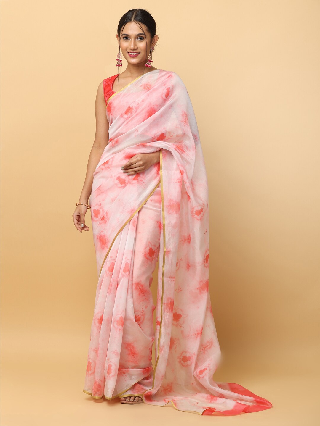 

VASTRANAND Tie and Dye Zari Chanderi Saree, Peach