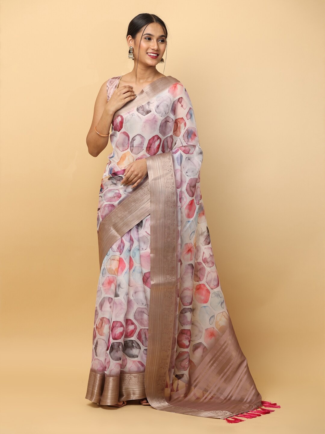 

VASTRANAND Abstract Printed Organza Zari Saree, Purple