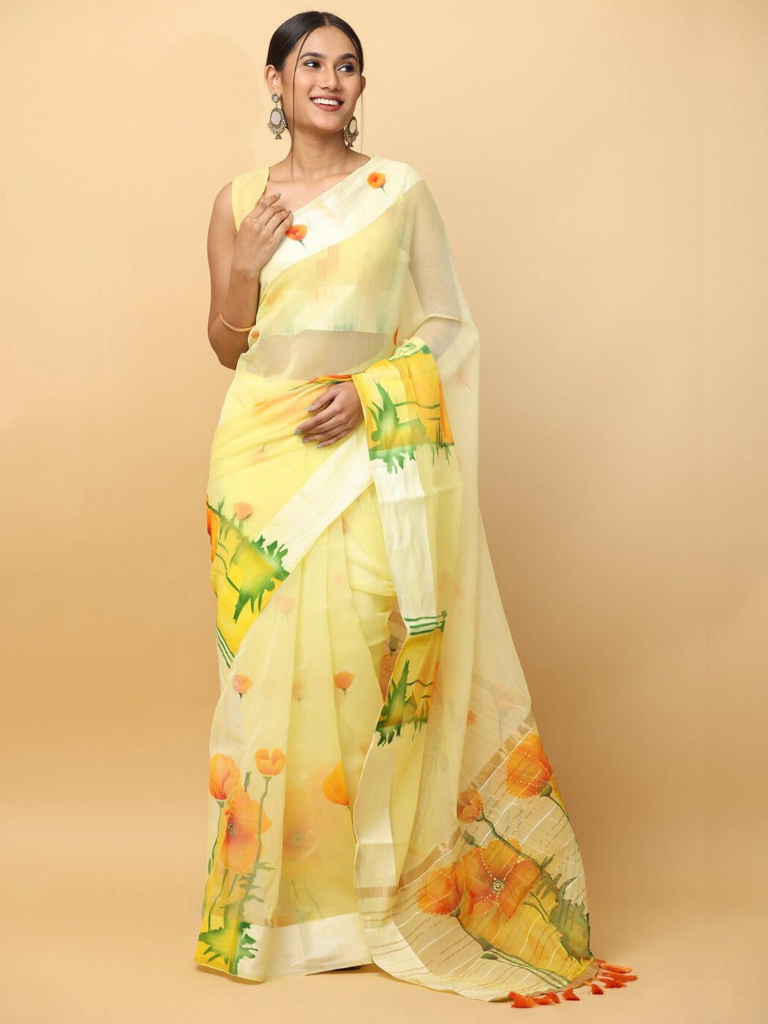 

VASTRANAND Floral Printed Organza Saree, Yellow