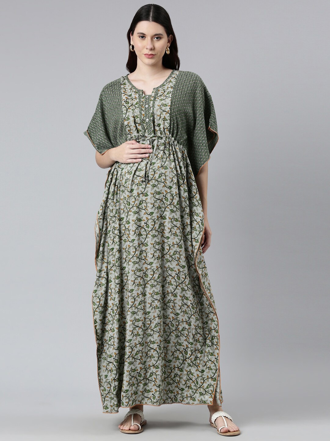 

GOLDSTROMS Floral Printed Round Neck Kimono Sleeves Gathered Maternity Kaftan Maxi Dress, Green