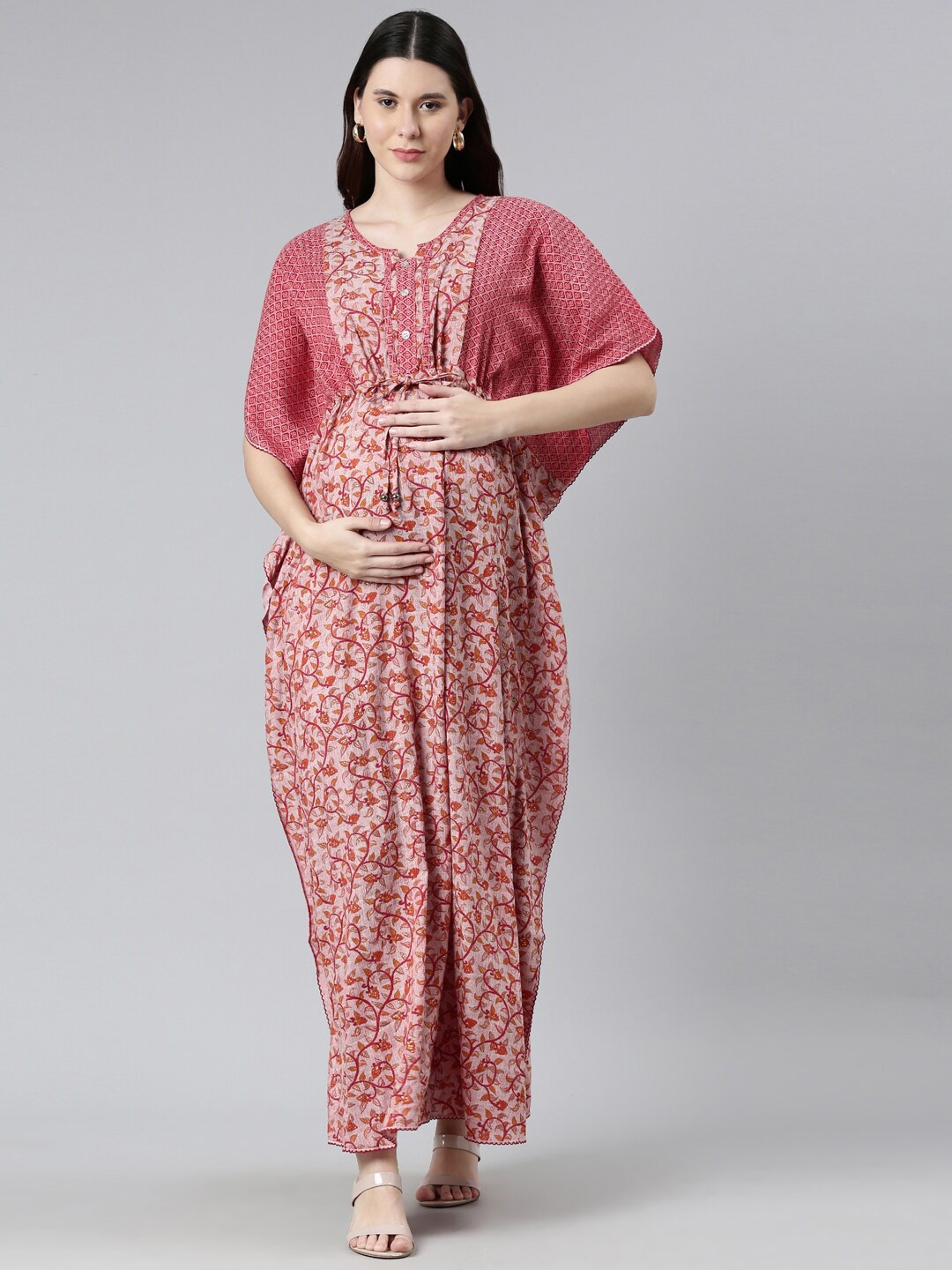 

GOLDSTROMS Floral Printed Round Neck Kimono Sleeves Gathered Maternity Kaftan Maxi Dress, Red