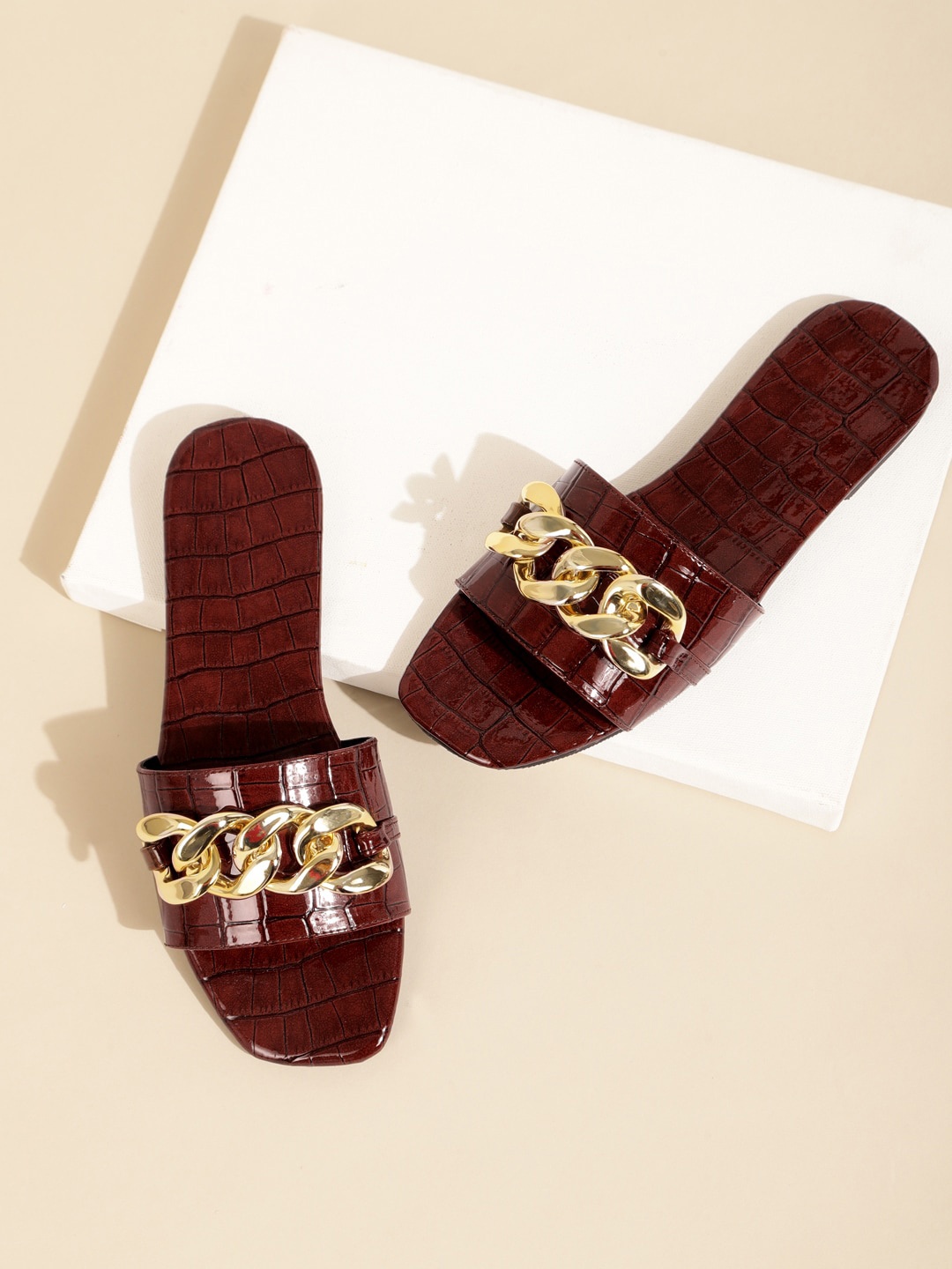 

Truffle Collection Embellished Textured Open Toe Flats, Brown