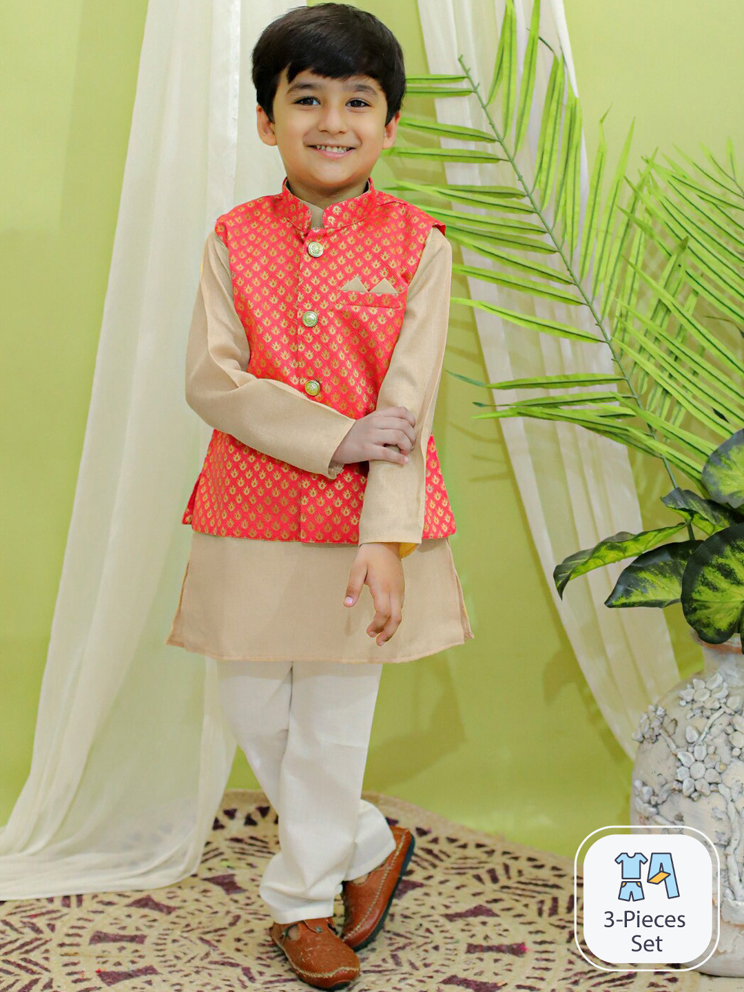 

BownBee Boys Pure Cotton Straight Kurta With Pyjamas & Nehru Jacket, Cream