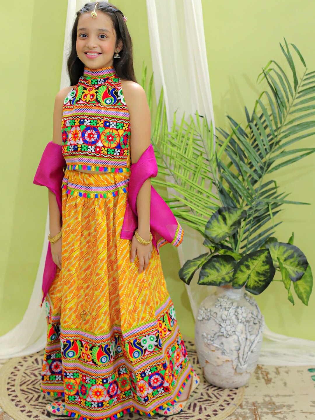 

BownBee Girls Embroidered Mirror Work Ready to Wear Cotton Lehenga Choli, Yellow