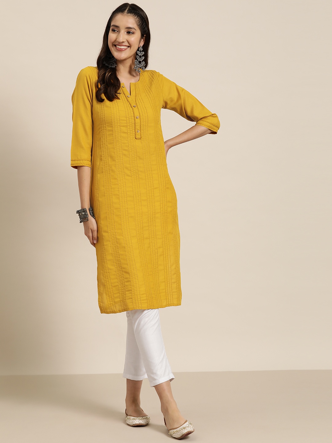 

HERE&NOW Women Striped Thread Work Kurta, Mustard