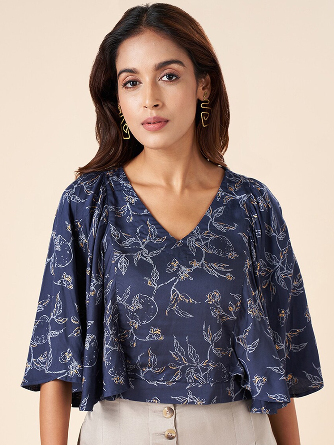 

AKKRITI BY PANTALOONS Floral Printed Flared Sleeve Top, Navy blue