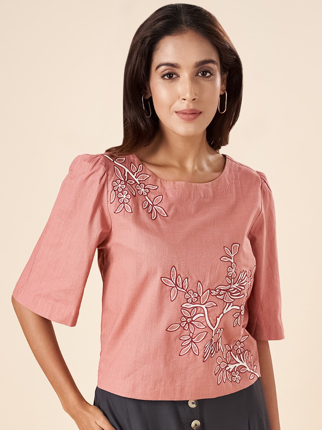 

AKKRITI BY PANTALOONS Floral Embroidered Puff Sleeve Cotton Top, Pink