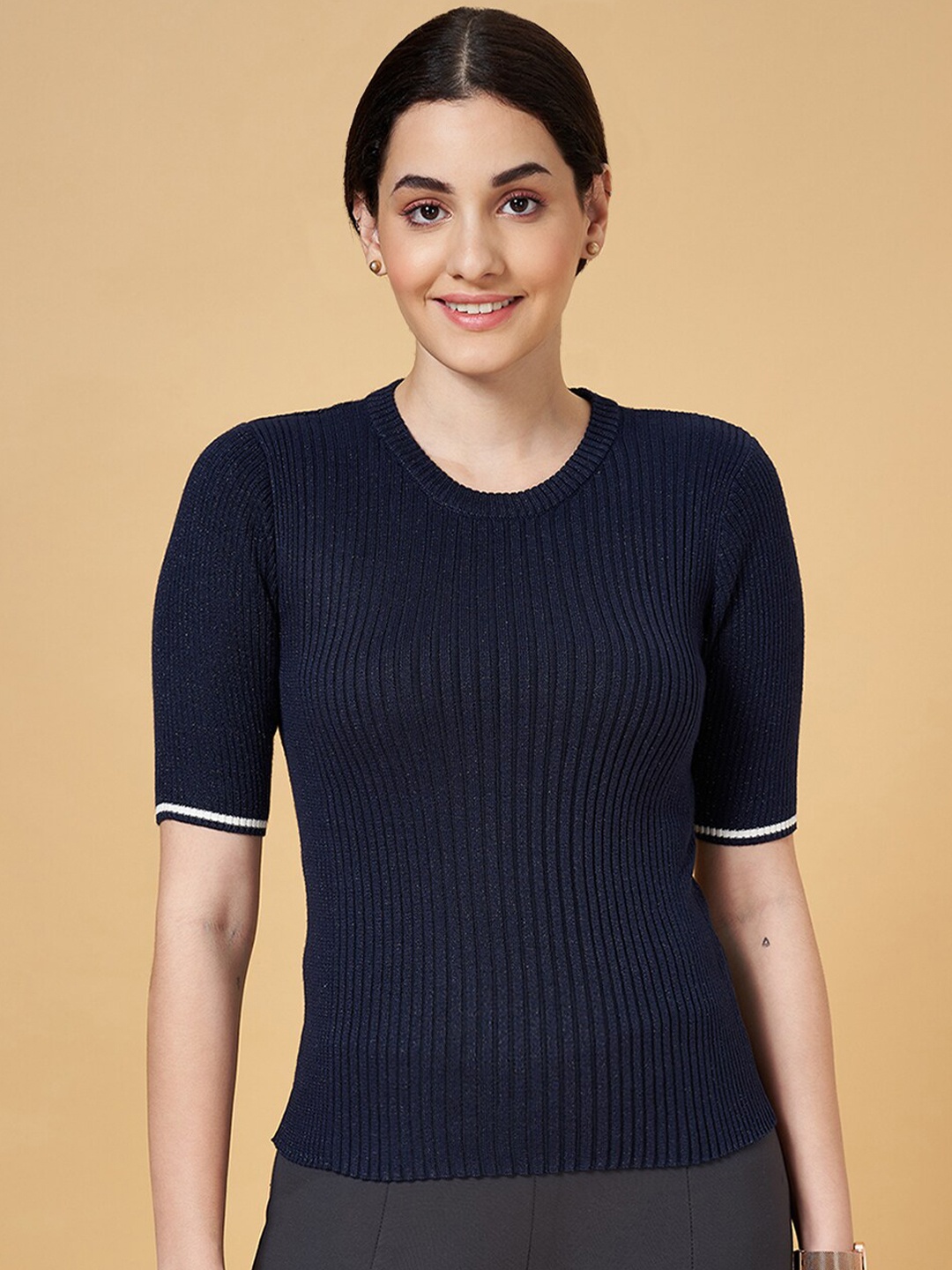 

Annabelle by Pantaloons Ribbed Fitted Top, Navy blue