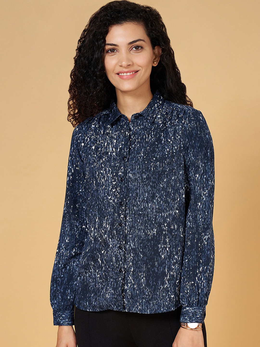 

Annabelle by Pantaloons Abstract Printed Shirt Collar Long Sleeves Shirt Style Top, Navy blue