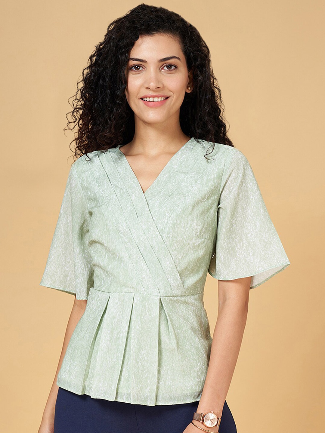 

Annabelle by Pantaloons Abstract Printed V-Neck Flared Sleeves Pleated Regular Top, Green