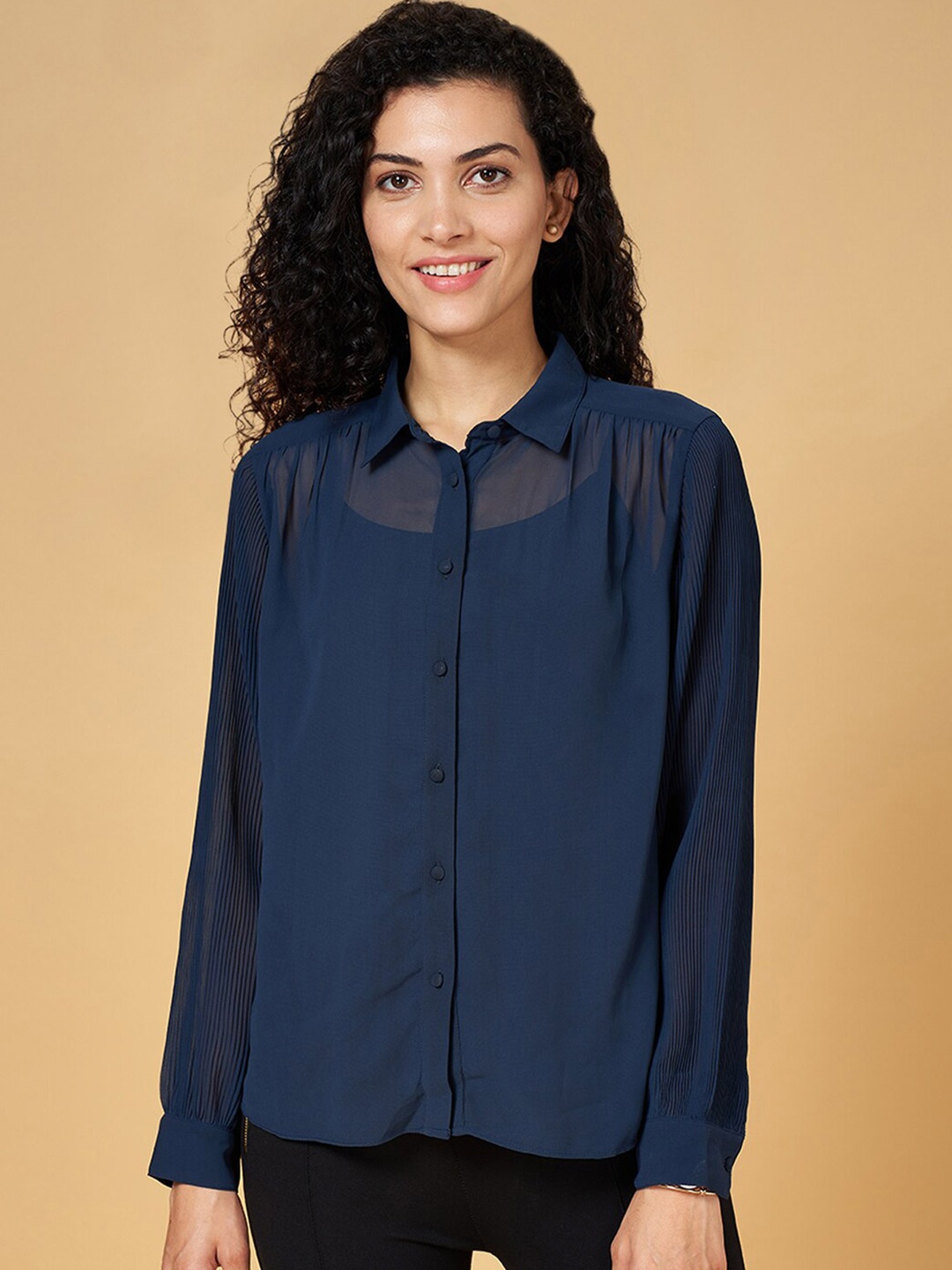 

Annabelle by Pantaloons Shirt Collar Cuffed Sleeves Shirt Style Top, Navy blue